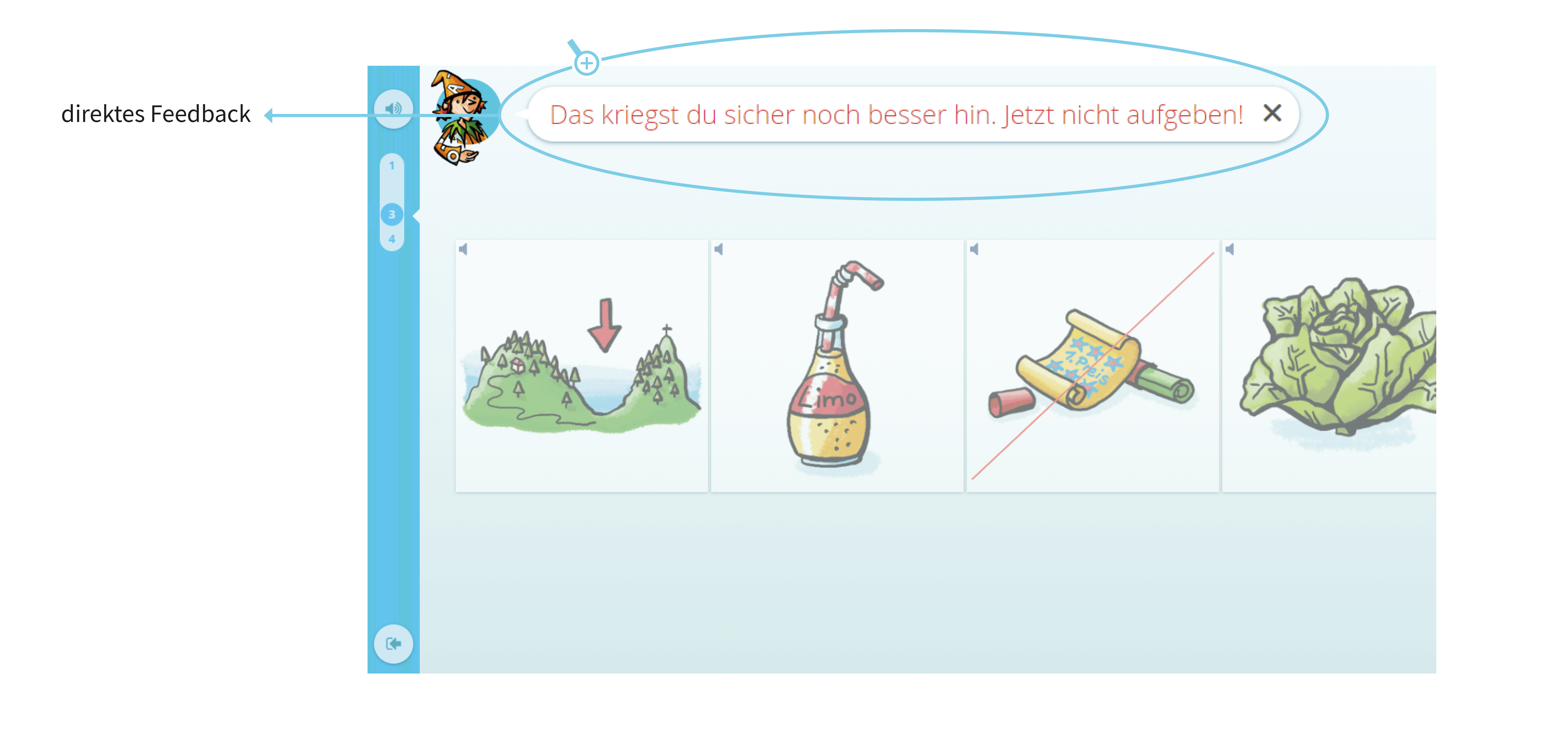 Screenshot einer interaktiven Übung mit direktem Feedback: "Das kriegst du sicher noch besser hin. Jetzt nicht aufgeben!"
