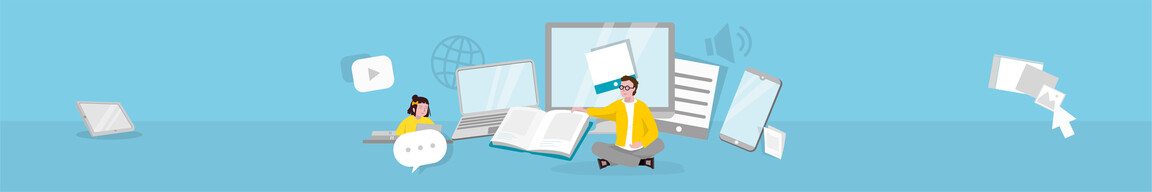Eine Illustration zeigt zwei Menschen zwischen Digitalen Medien.